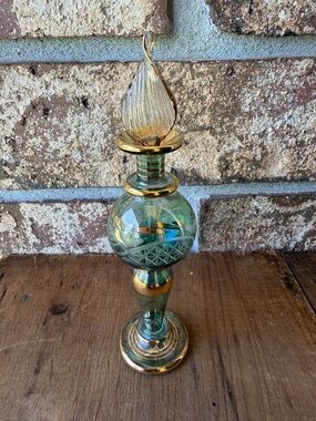Royal Limited Perfume Bottle Glass Green & Gold Stopper Dauber 5.5” Tall
